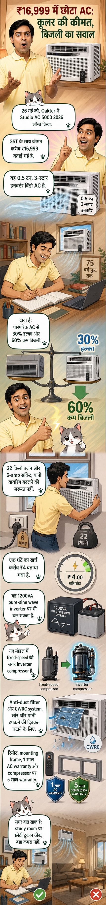 Oakter Studio AC 5000 2026 की तस्वीर, जो एक कॉम्पैक्ट विंडो एसी है और छोटे कमरे में लगी हुई दिख रही है।