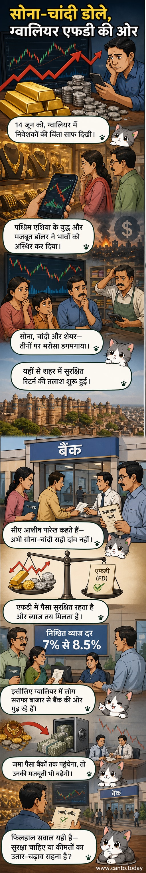 एक व्यक्ति सोने के सिक्के और चांदी के सिक्के को देखकर चिंतित है, जबकि पृष्ठभूमि में बैंक की ओर इशारा करते हुए एक तीर दिखाई देता है।