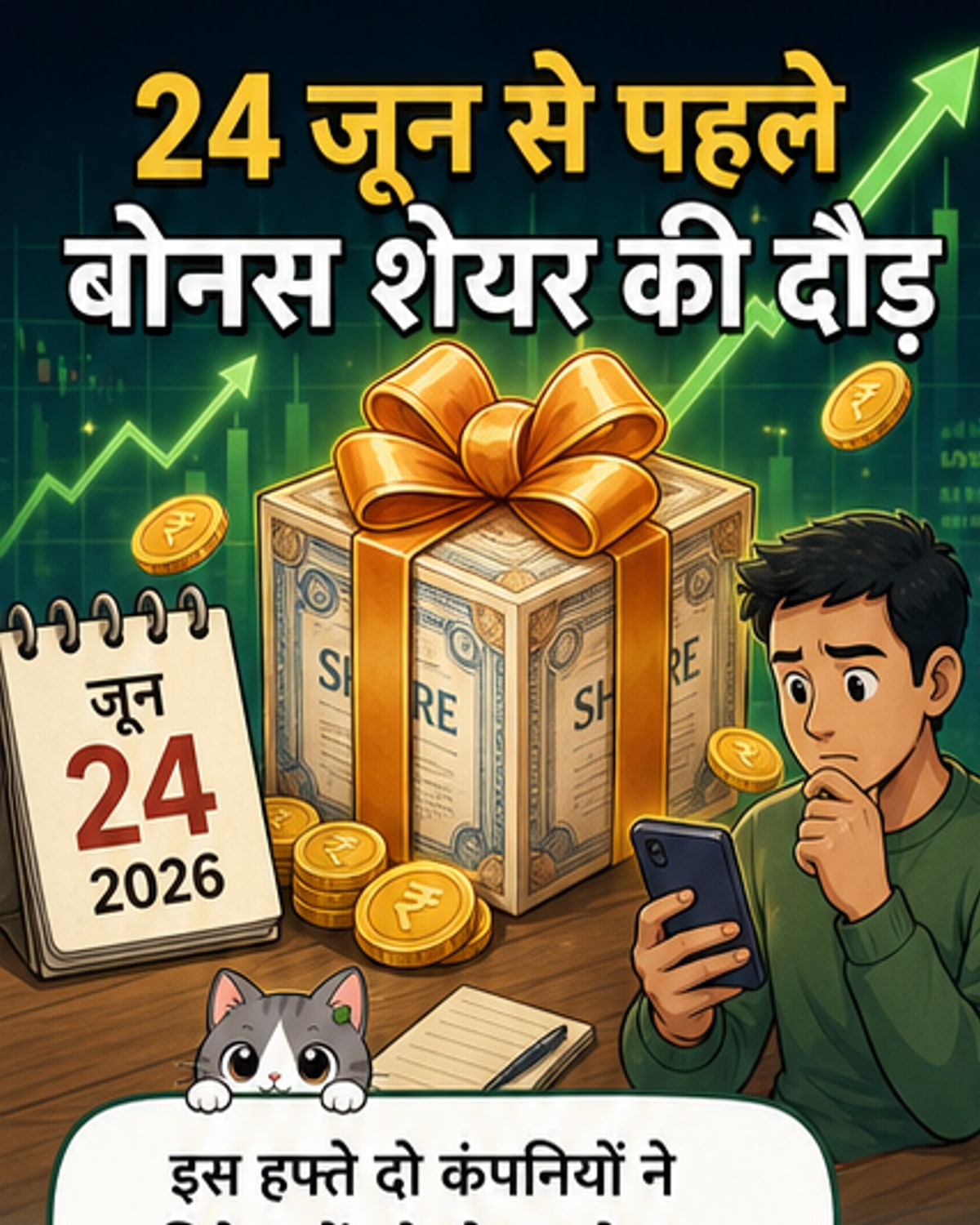 कोत्यार्क और जेडएफ कमर्शियल व्हीकल के लोगो के साथ शेयर बाजार की एक ग्राफिक इमेज, जिसमें 10:1 और 5:1 बोनस शेयर का उल्लेख है।