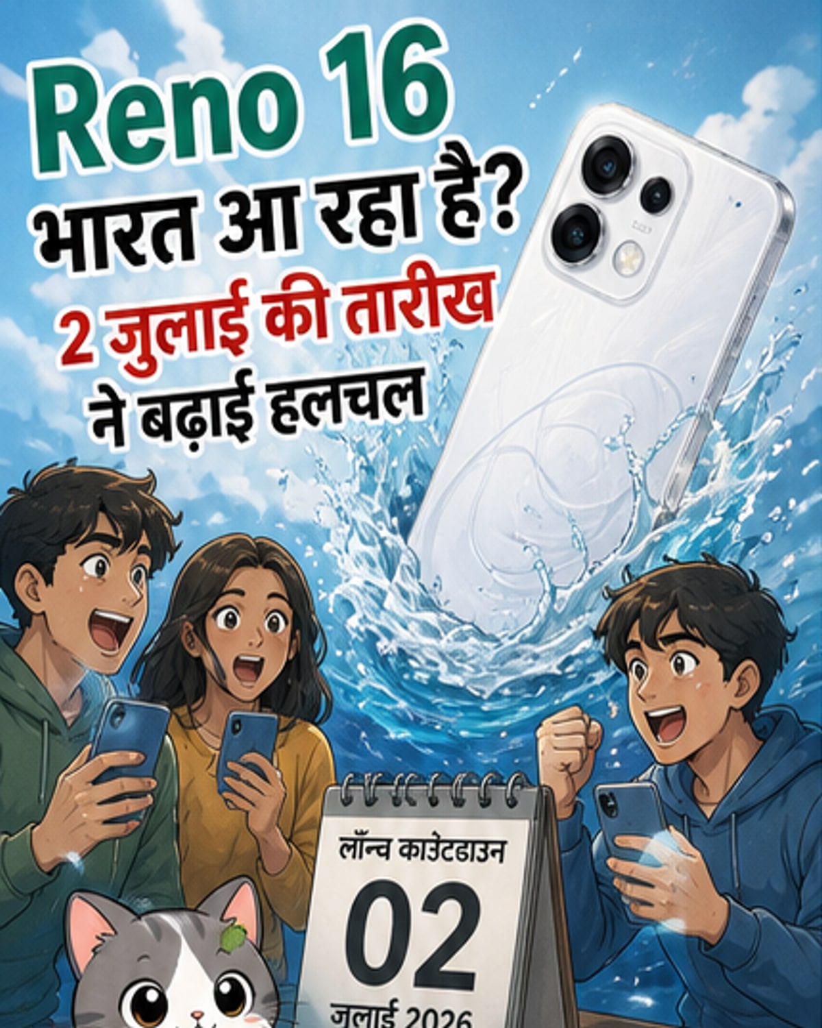 OPPO Reno 16 सीरीज का रेंडर, जिसमें पतला फ्रेम, बड़ी डिस्प्ले और ट्रिपल रियर कैमरा सेटअप दिख रहा है