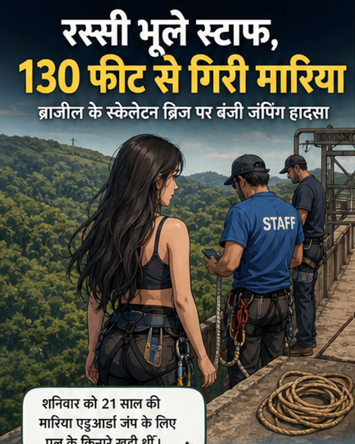 एक लड़की को बंजी जंपिंग के लिए हवा में उठाया जा रहा है, जबकि पीछे पुल के किनारे पर कर्मचारी खड़े हैं।