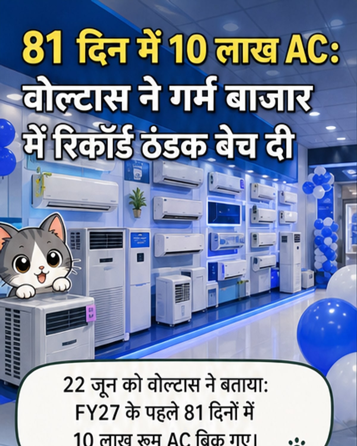 एक वोल्टास एयर कंडीशनर के साथ बढ़ते ग्राफ की छवि, जो बिक्री रिकॉर्ड और शेयर बाजार में तेजी को दर्शाती है।