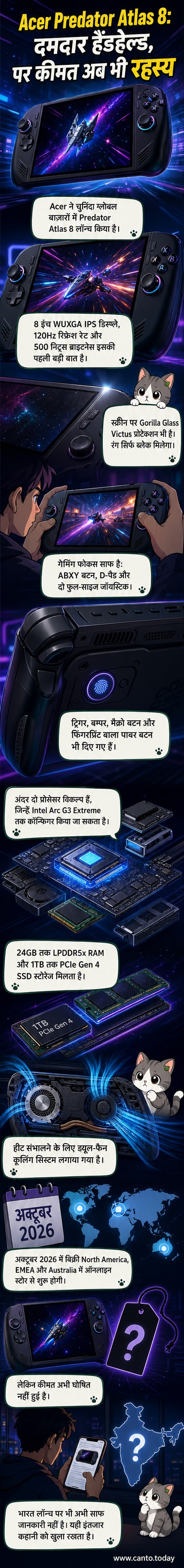 एसर प्रीडेटर एटलस 8 गेमिंग हैंडहेल्ड डिवाइस का काले रंग में फ्रंट व्यू, जिसमें 8 इंच की डिस्प्ले और गेम कंट्रोल बटन दिख रहे हैं।