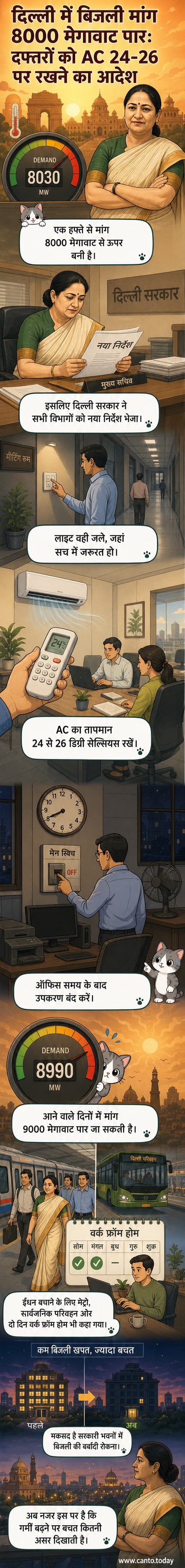 एक सरकारी कार्यालय में AC और लाइट्स को बंद करने के निर्देश दिखाते हुए एक विज्ञापन बोर्ड, पृष्ठभूमि में गर्मी में दिल्ली का शहर।