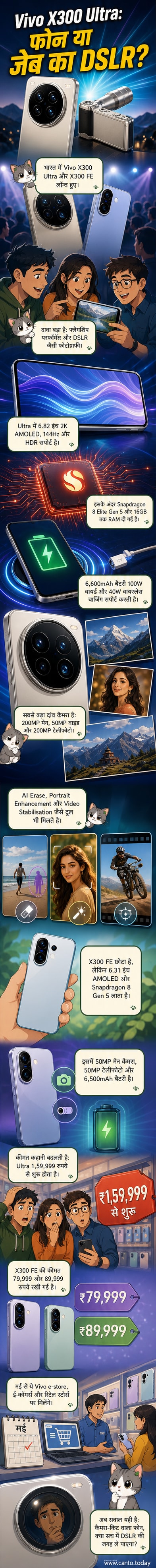 वीवो X300 अल्ट्रा और X300 FE के डिज़ाइन के साथ एक विज़ुअल एक्सप्लेनर, जिसमें कैमरा डिटेल्स और AI फीचर्स दिखाए गए हैं।