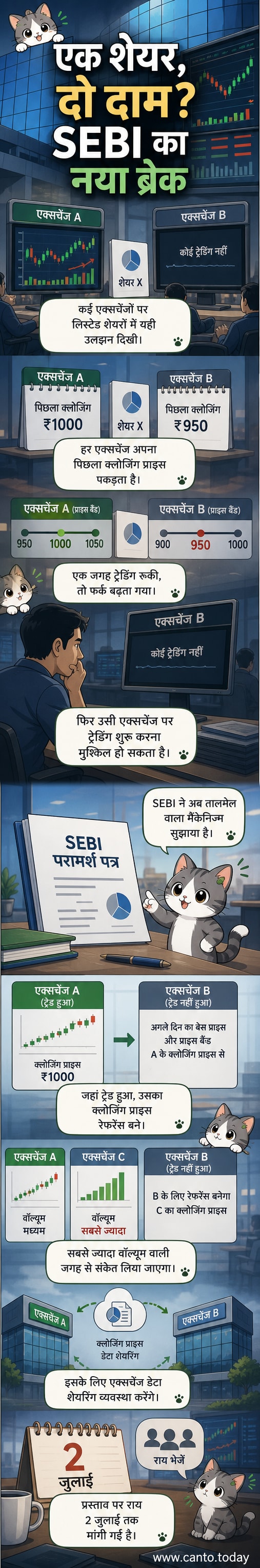 एक ही शेयर की अलग-अलग एक्सचेंज पर अलग कीमतों को दर्शाते हुए दो मॉनिटर, सेबी का लोगो और एक नया नियम प्रस्ताव का इशारा करती एक डॉक्यूमेंट शीट