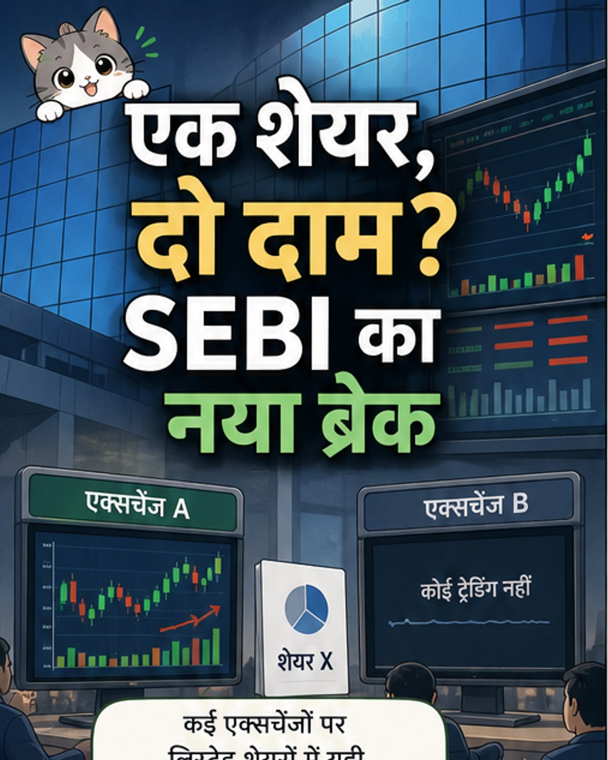 एक ही शेयर की अलग-अलग एक्सचेंज पर अलग कीमतों को दर्शाते हुए दो मॉनिटर, सेबी का लोगो और एक नया नियम प्रस्ताव का इशारा करती एक डॉक्यूमेंट शीट