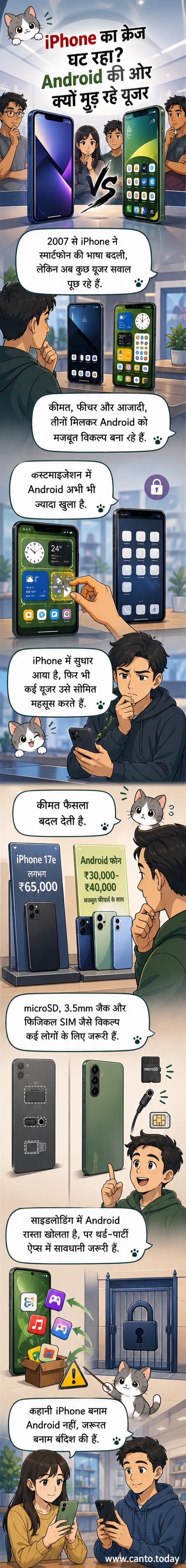 एक आईफोन और एक एंड्रॉयड फोन आमने-सामने रखे हुए, पृष्ठभूमि में तुलना के आइकन जैसे कीमत, बैटरी, कैमरा और स्टोरेज दिखाई दे रहे हैं।