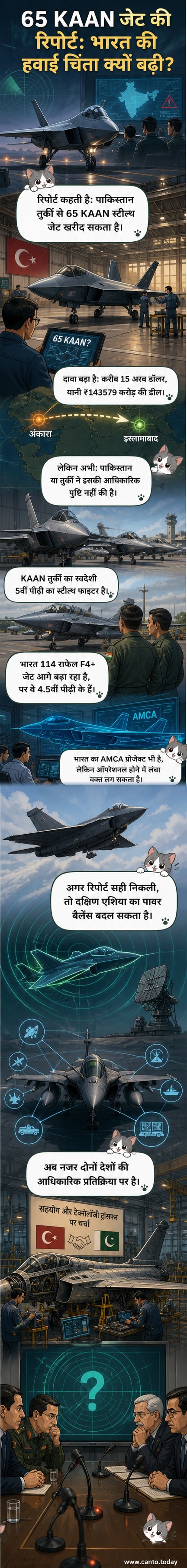 एक तुर्की स्वदेशी KAAN स्टील्थ फाइटर जेट आकाश में उड़ते हुए, पृष्ठभूमि में पाकिस्तान और तुर्की के झंडे, और नीचे भारत की ओर एक तनावपूर्ण दृष्टि के साथ एक रणनीतिक मानचित्र।