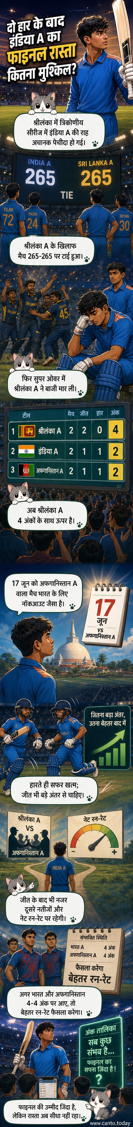 इंडिया ए क्रिकेट टीम के खिलाड़ी मैदान पर चिंतित मुद्रा में, पृष्ठभूमि में स्कोरबोर्ड पर नेट रन-रेट और अंक तालिका दिख रही है