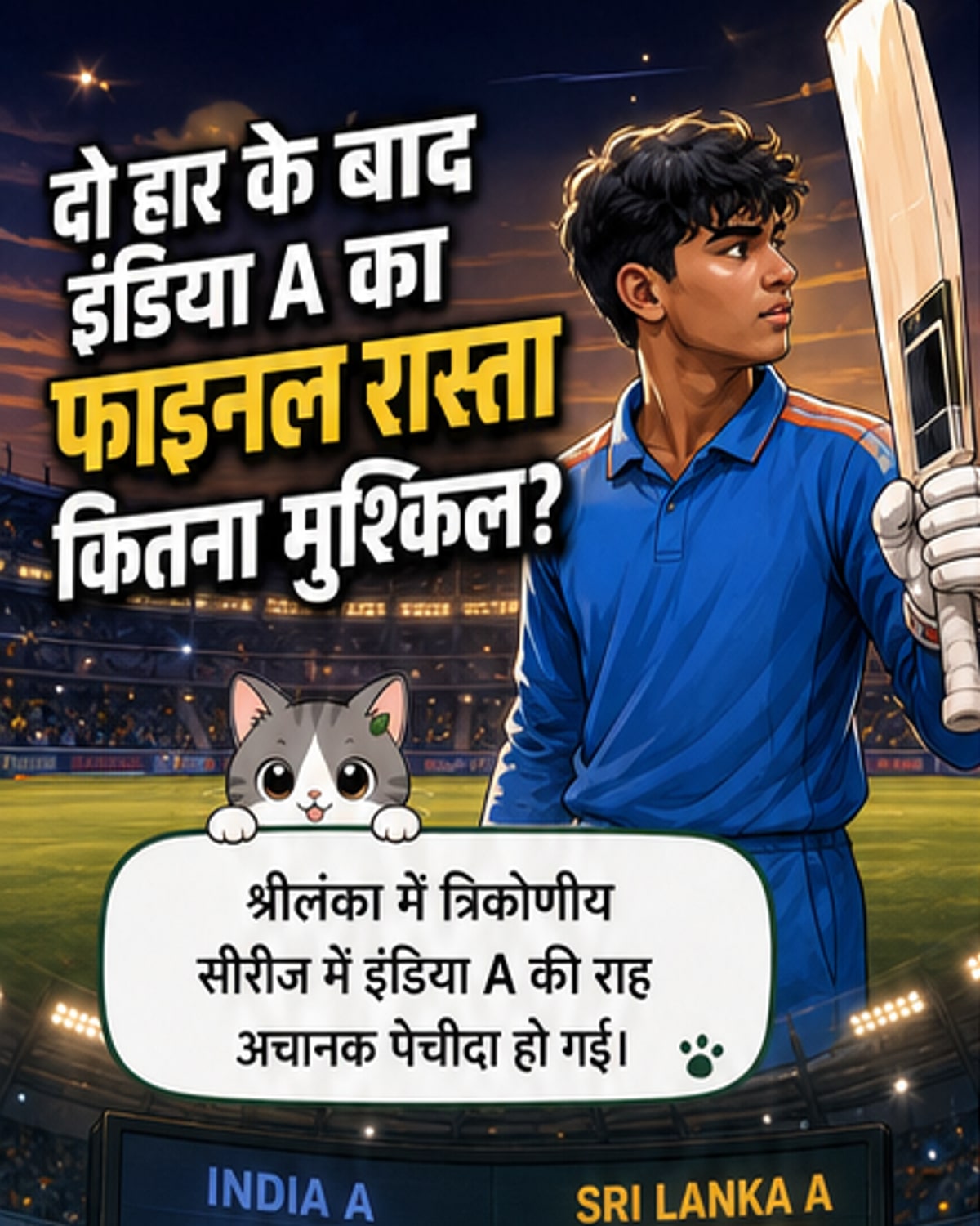 इंडिया ए क्रिकेट टीम के खिलाड़ी मैदान पर चिंतित मुद्रा में, पृष्ठभूमि में स्कोरबोर्ड पर नेट रन-रेट और अंक तालिका दिख रही है