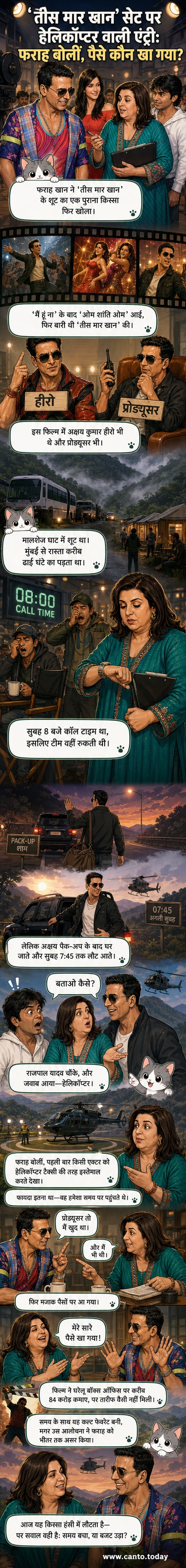 एक कार्टून इमेज में अक्षय कुमार हेलीकॉप्टर से उतरते हुए, फराह खान कैमरा लेकर खड़ी हैं, पीछे 'तीस मार खान' का बोर्ड लगा है