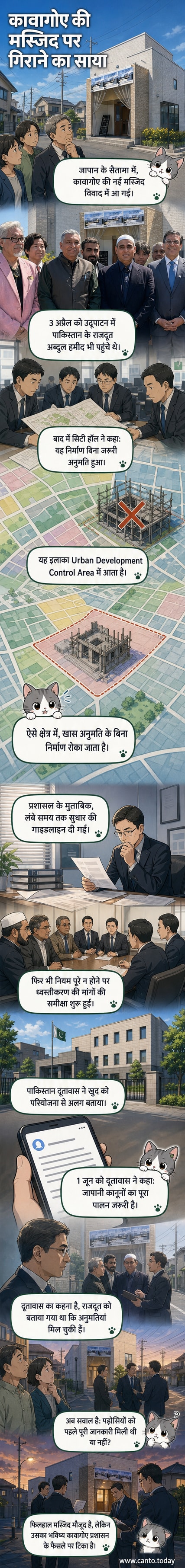 जापान के कावागोए में एक नई मस्जिद, जिसके सामने स्थानीय प्रशासन के नोटिस लगे हुए हैं, पृष्ठभूमि में शहर का आधुनिक दृश्य