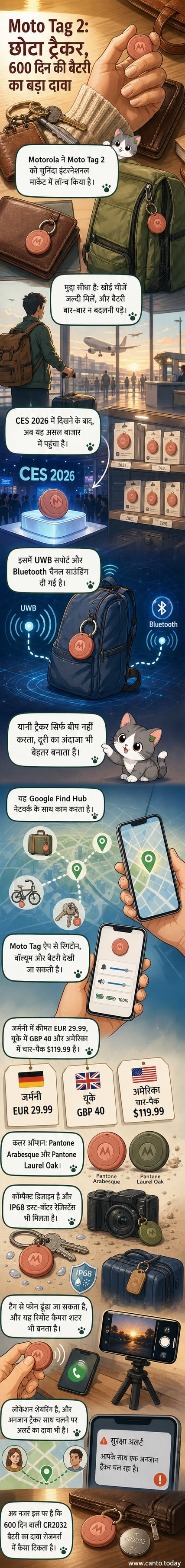 मोटो टैग 2 आइटम ट्रैकर की दो रंगों में तस्वीर, जिसे एक बैग पर लगाया गया है, पृष्ठभूमि में स्मार्टफोन स्क्रीन पर ट्रैकिंग ऐप दिख रहा है