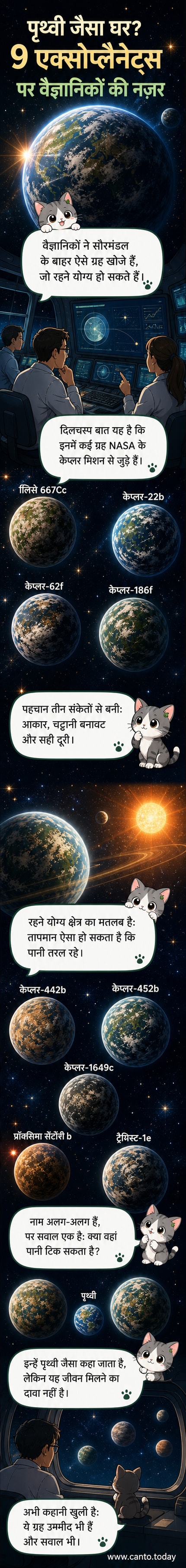 एक अंतरिक्ष दृश्य में पृथ्वी जैसे दिखने वाले एक्सोप्लैनेट को दिखाया गया है, जो एक तारे के इर्द-गिर्द घूम रहा है। आसपास तारे और आकाशगंगा के निशान हैं।