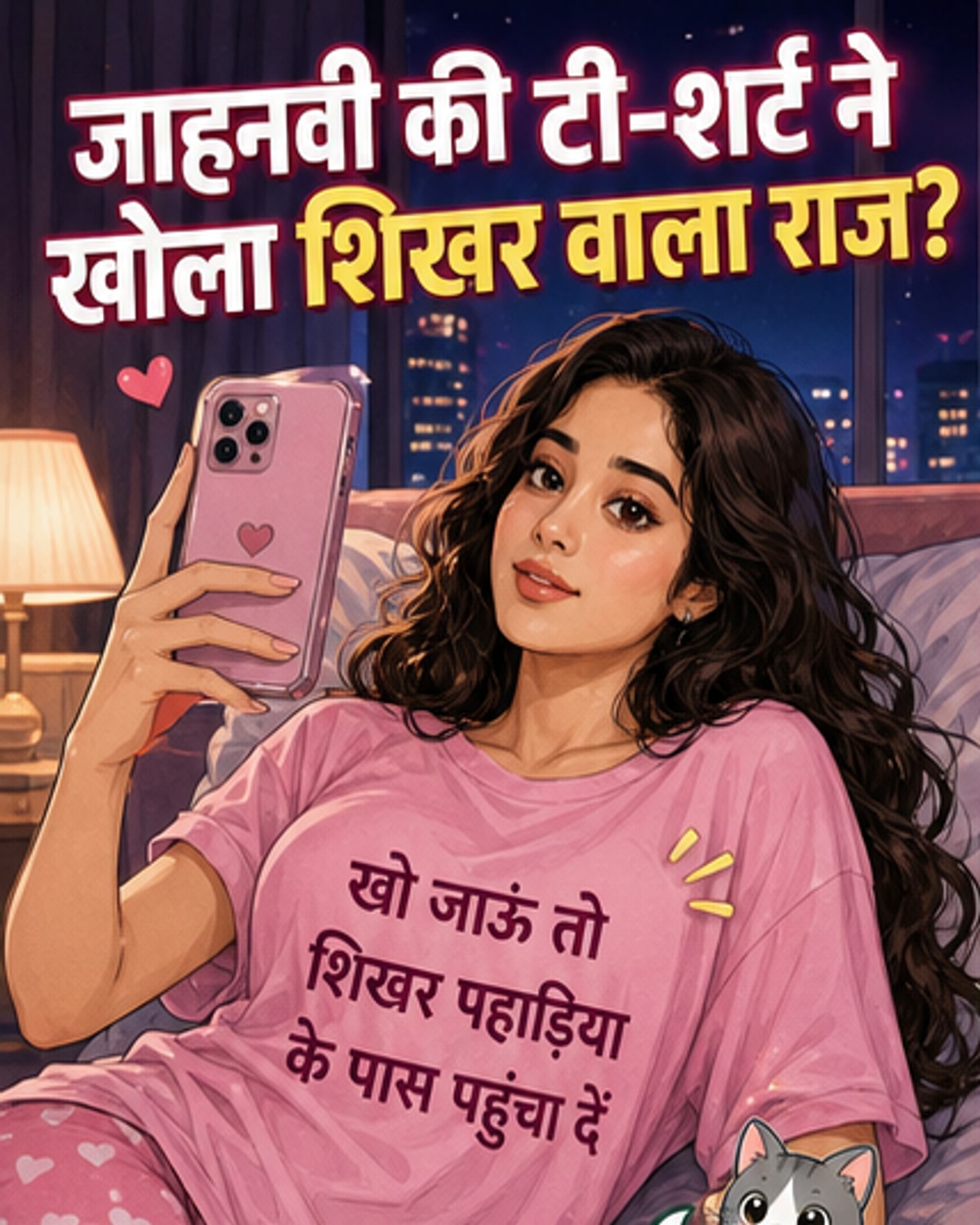 जाह्नवी कपूर एक नाइटसूट पहने हुए हैं जिस पर शिखर पहाड़िया का नाम लिखा है, पृष्ठभूमि में सोशल मीडिया आइकन और वायरल तस्वीर के प्रतीक हैं