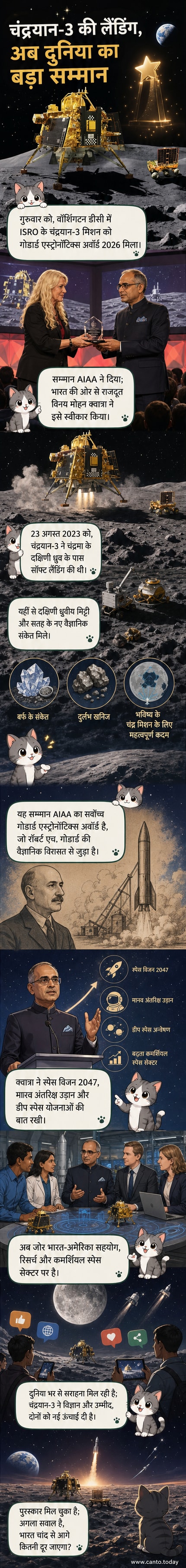 चंद्रमा के दक्षिणी ध्रुव पर उतरता हुआ चंद्रयान-3, पृष्ठभूमि में धरती और तारे, एक भारतीय झंडा लहराता हुआ।