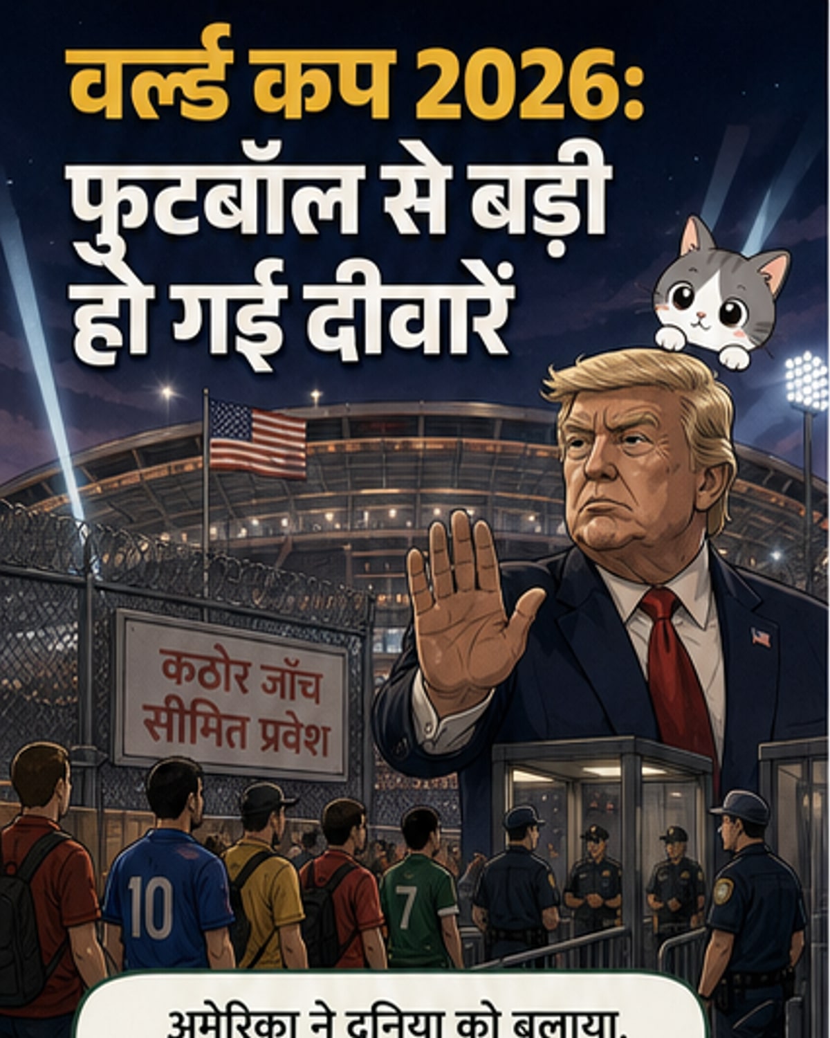एक खाली फुटबॉल स्टेडियम, ऊपर अमेरिकी झंडा लहराते हुए, और बैनर पर 'वर्ल्ड कप 2026' और 'खाली सीटें' लिखा हुआ।
