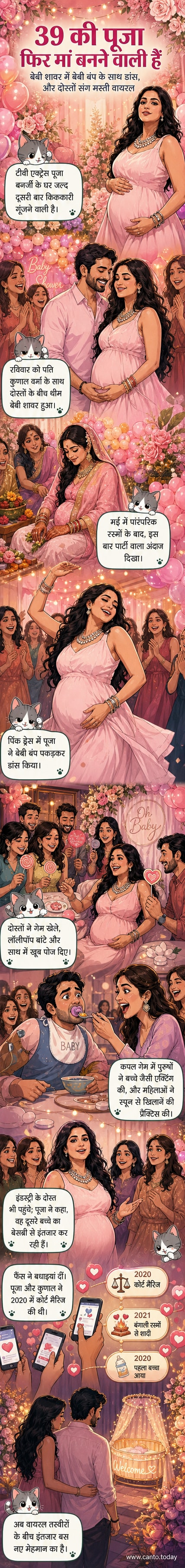 अभिनेत्री पूजा बनर्जी गुलाबी ड्रेस में अपने बेबी बंप के साथ गोदभराई पार्टी में मुस्कुराते हुए दोस्तों के साथ खड़ी हैं, पृष्ठभूमि में लॉलीपॉप और गुब्बारे सजे हुए हैं।