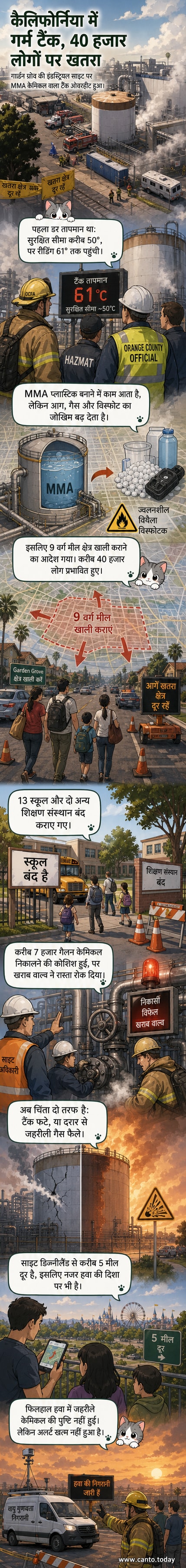 गार्डन ग्रोव, कैलिफोर्निया में एक ओवरहीट हो रहे केमिकल टैंक के ऊपर से लिया गया एक ड्रोन शॉट, जिसके आसपास इमरजेंसी वाहन और निकासी क्षेत्र दिख रहे हैं।