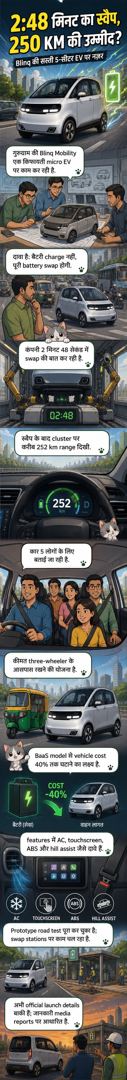 एक कॉम्पैक्ट माइक्रो इलेक्ट्रिक कार, जिसके नीचे से बैटरी निकाली जा रही है और एक रोबोटिक आर्म नई बैटरी लगा रहा है, पृष्ठभूमि में एक बैटरी स्वैप स्टेशन दिखाई दे रहा है।