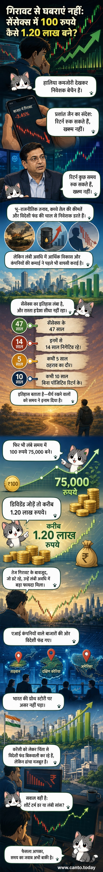 एक व्यक्ति लंबी अवधि के निवेश के फलस्वरूप बढ़ते रुपये को देख रहा है, पृष्ठभूमि में सेंसेक्स ग्राफ दिखाई दे रहा है।