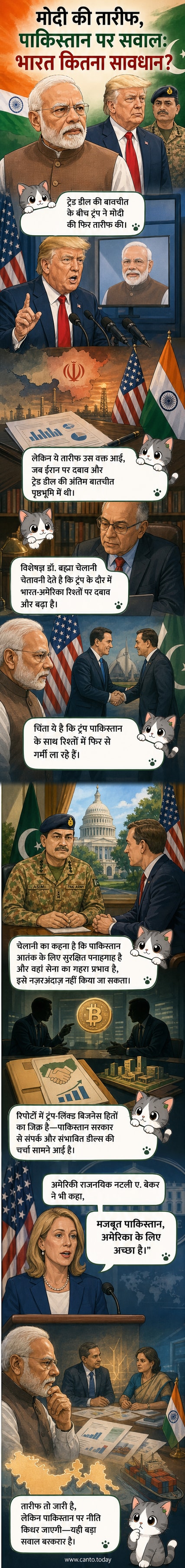डोनाल्ड ट्रंप और नरेंद्र मोदी के बीच औपचारिक मुलाकात का चित्रण, पृष्ठभूमि में पाकिस्तान के साथ व्यापारिक डील के संकेत के साथ