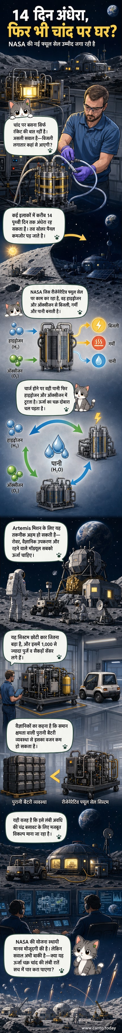 एक चंद्रमा की सतह पर एक छोटी मानव बस्ती के साथ एक बड़ी ऊर्जा इकाई, जो NASA की नई रीजेनेरेटिव फ्यूल सेल तकनीक का प्रतिनिधित्व करती है।