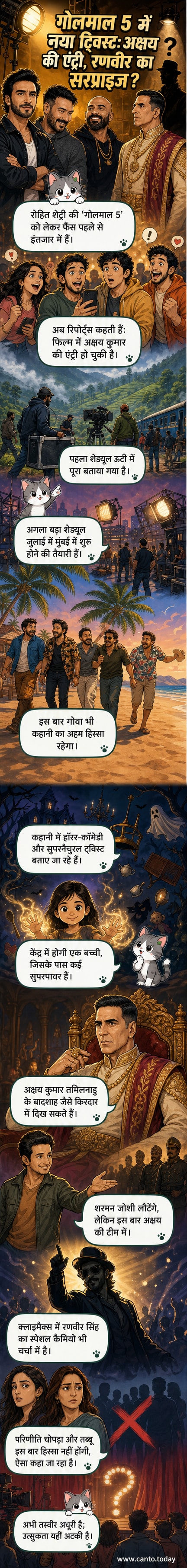 गोलमाल 5 के पोस्टर में अक्षय कुमार तमिलनाडु के बादशाह के रूप में, पीछे हंसते हुए कॉमेडी किरदार, और एक रहस्यमयी बच्ची के सिल्हूट के साथ डरावना माहौल।