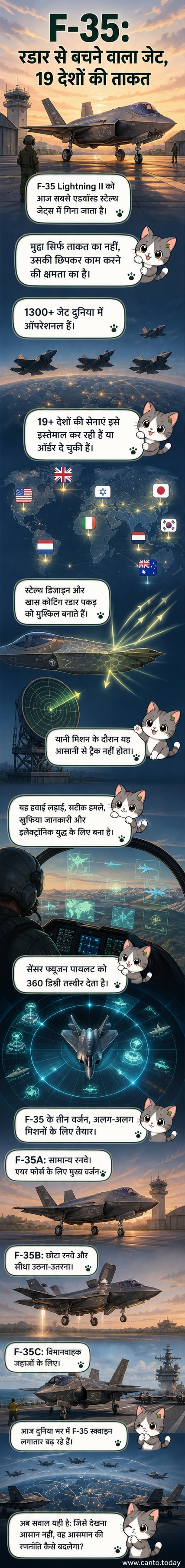 F-35 लाइटनिंग II फाइटर जेट आकाश में उड़ते हुए, अपने तीन वेरिएंट के साथ एक तुलनात्मक दृश्य।