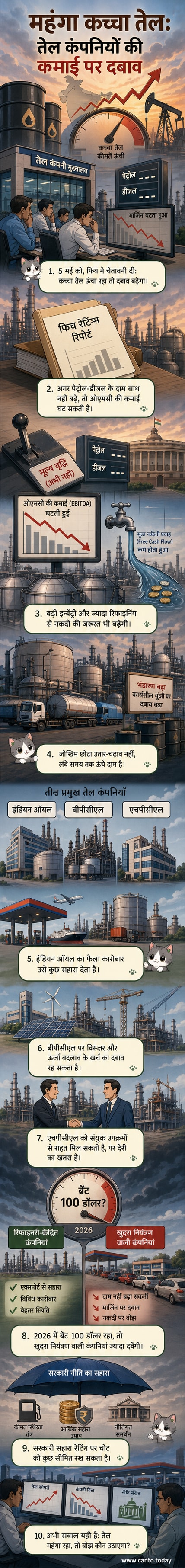 एक तेल रिफाइनरी के सामने ऊंचे कच्चे तेल के बैरल के ढेर, पृष्ठभूमि में लाल और पीले रंग के तेल टैंकर।