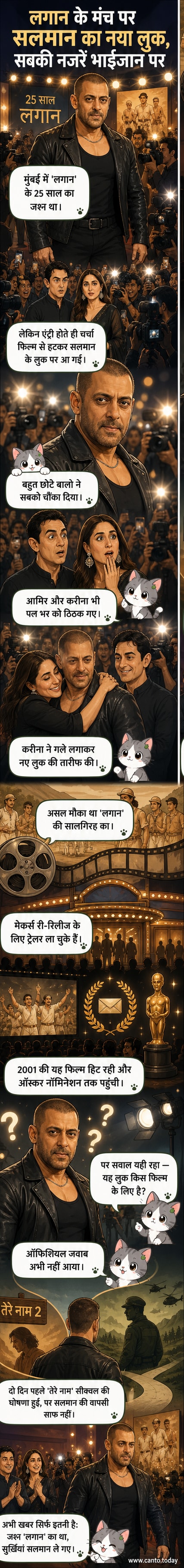 सलमान खान काले कपड़ों में, छोटे बालों के साथ लगान इवेंट में खड़े हैं, पीछे आमिर खान और करीना कपूर मुस्कुराते हुए दिख रहे हैं।