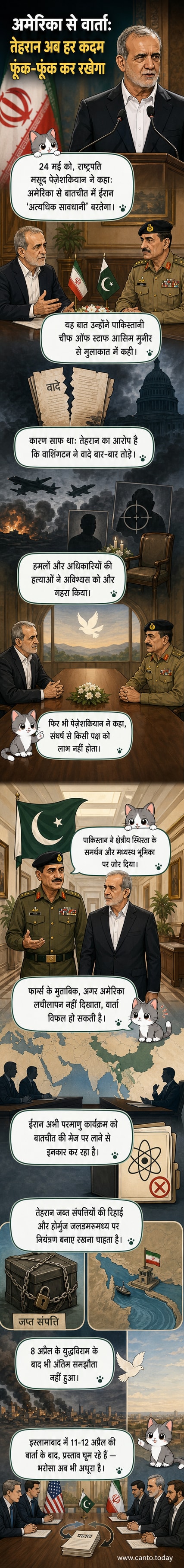 ईरानी राष्ट्रपति मसूद पेज़ेश्कियन पाकिस्तानी अधिकारी के साथ बैठक के दौरान बोलते हुए, पृष्ठभूमि में ईरान और अमेरिका के झंडे दिखाई दे रहे हैं।
