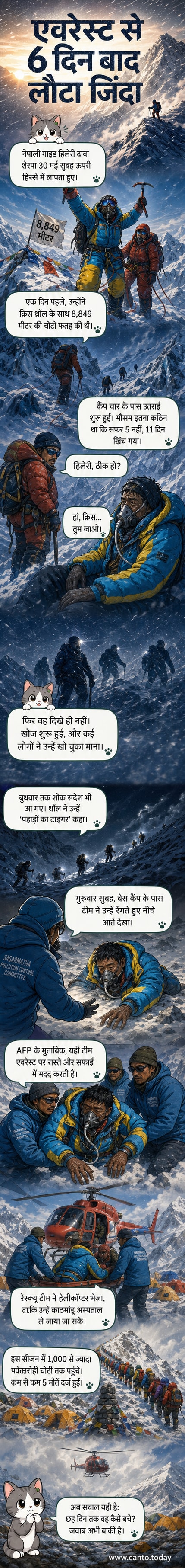 एक थका हुआ लेकिन जीवित शेरपा बर्फीले इलाके में रेंगते हुए, पृष्ठभूमि में माउंट एवरेस्ट की चोटी।