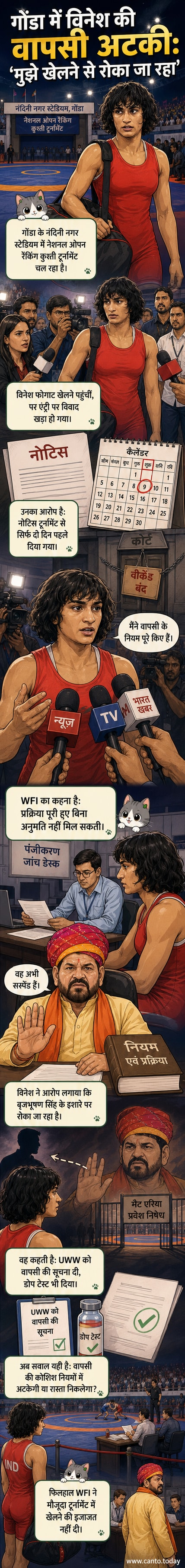 विनेश फोगाट माइक्रोफोन के सामने खड़ी हैं, पृष्ठभूमि में कुश्ती का रिंग और भीड़ दिख रही है।