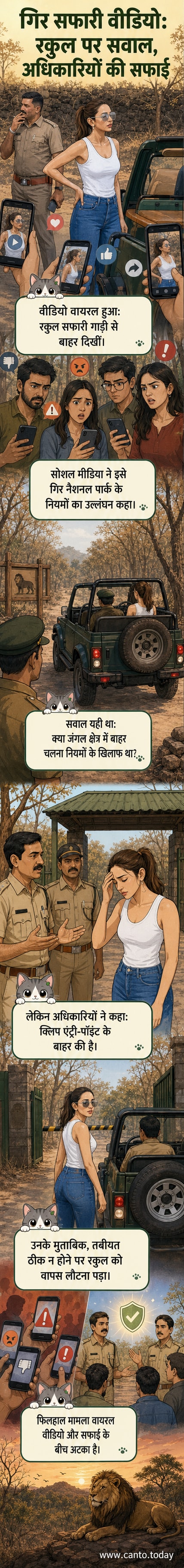 एक्ट्रेस रकुल प्रीत सिंह गिर नेशनल पार्क के बाहर सफारी गाड़ी के पास खड़ी हैं, पीछे वन अधिकारी और प्राकृतिक दृश्य दिख रहा है।