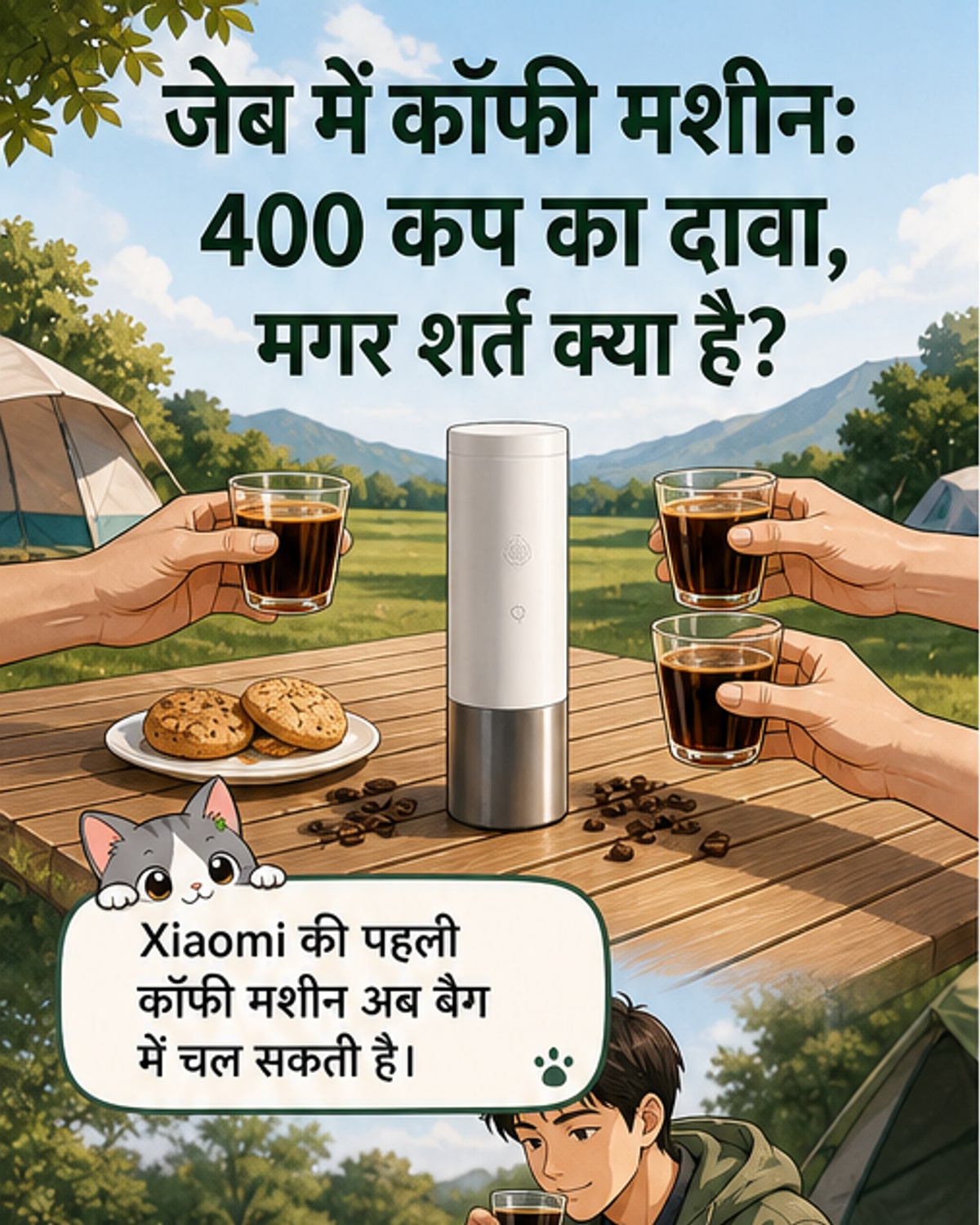 शाओमी की पोर्टेबल कॉफी मशीन, छोटे आकार में डिज़ाइन की गई, जिसमें USB-C चार्जिंग पोर्ट और कॉफी कप के साथ दिखाई दे रही है।