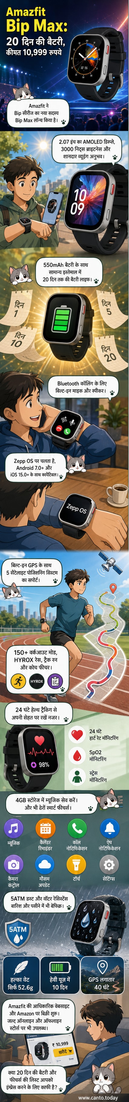 Amazfit Bip Max स्मार्टवॉच का सिल्वर वर्जन, 2.07 इंच की AMOLED डिस्प्ले के साथ, एक मॉडल के हाथ पर दिखाई दे रहा है।