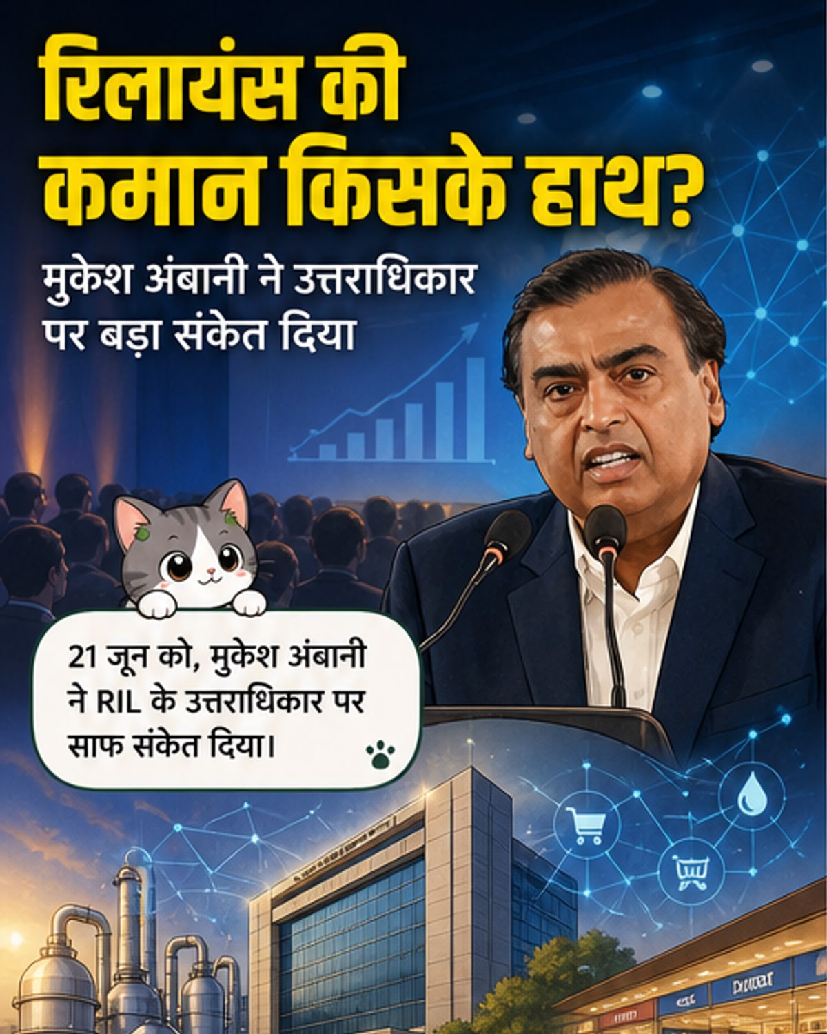 मुकेश अंबानी और उनके तीन बच्चे आकाश, ईशा और अनंत रिलायंस के लोगो के सामने खड़े हैं, जिसमें उत्तराधिकार की योजना का संकेत दिया गया है।
