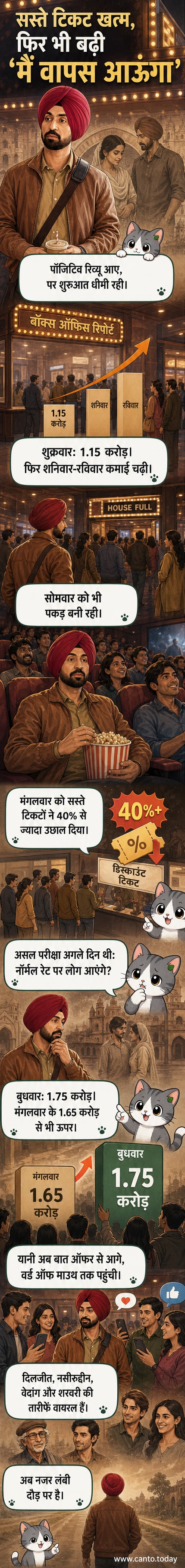 फिल्म 'मैं वापस आऊंगा' के पोस्टर के साथ बॉक्स ऑफिस कलेक्शन के आंकड़े दिखाते हुए एक विज़ुअल एक्सप्लेनर