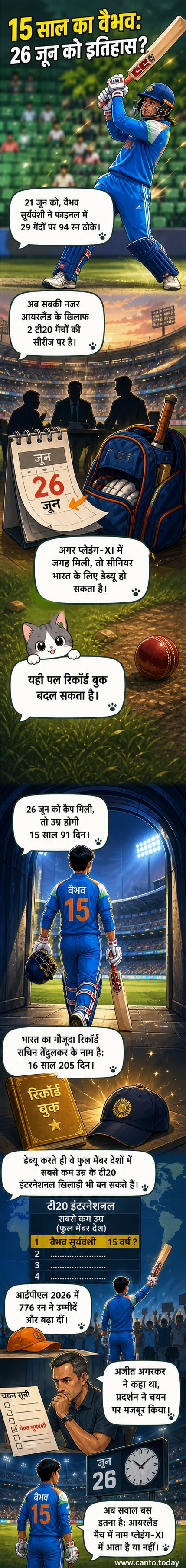 एक युवा क्रिकेटर बल्लेबाजी करते हुए, पीछे स्टेडियम और झंडे दिखाई दे रहे हैं।