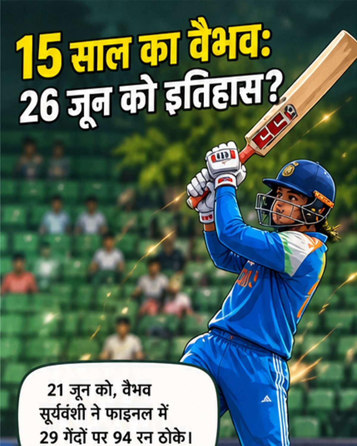 एक युवा क्रिकेटर बल्लेबाजी करते हुए, पीछे स्टेडियम और झंडे दिखाई दे रहे हैं।