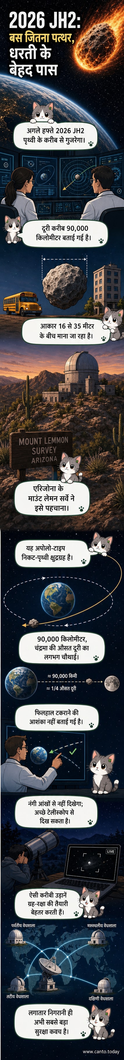 एक क्षुद्रग्रह पृथ्वी के बहुत करीब से गुजरते हुए, पृष्ठभूमि में चंद्रमा और अंतरिक्ष का दृश्य