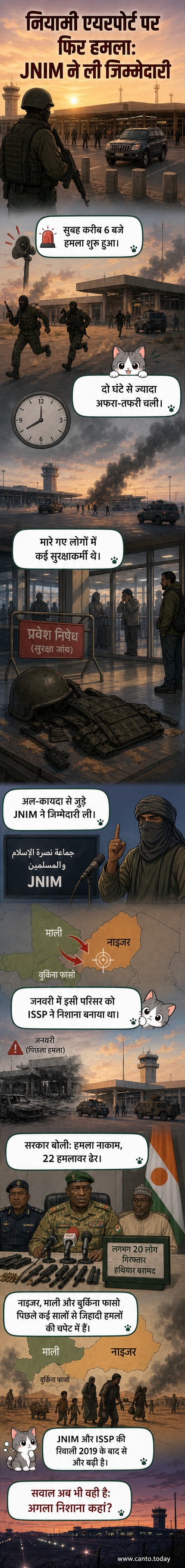 नाइजर के नियामी एयरपोर्ट पर हमले के बाद धुआं उठते हुए, सुरक्षाबल घटनास्थल पर तैनात।