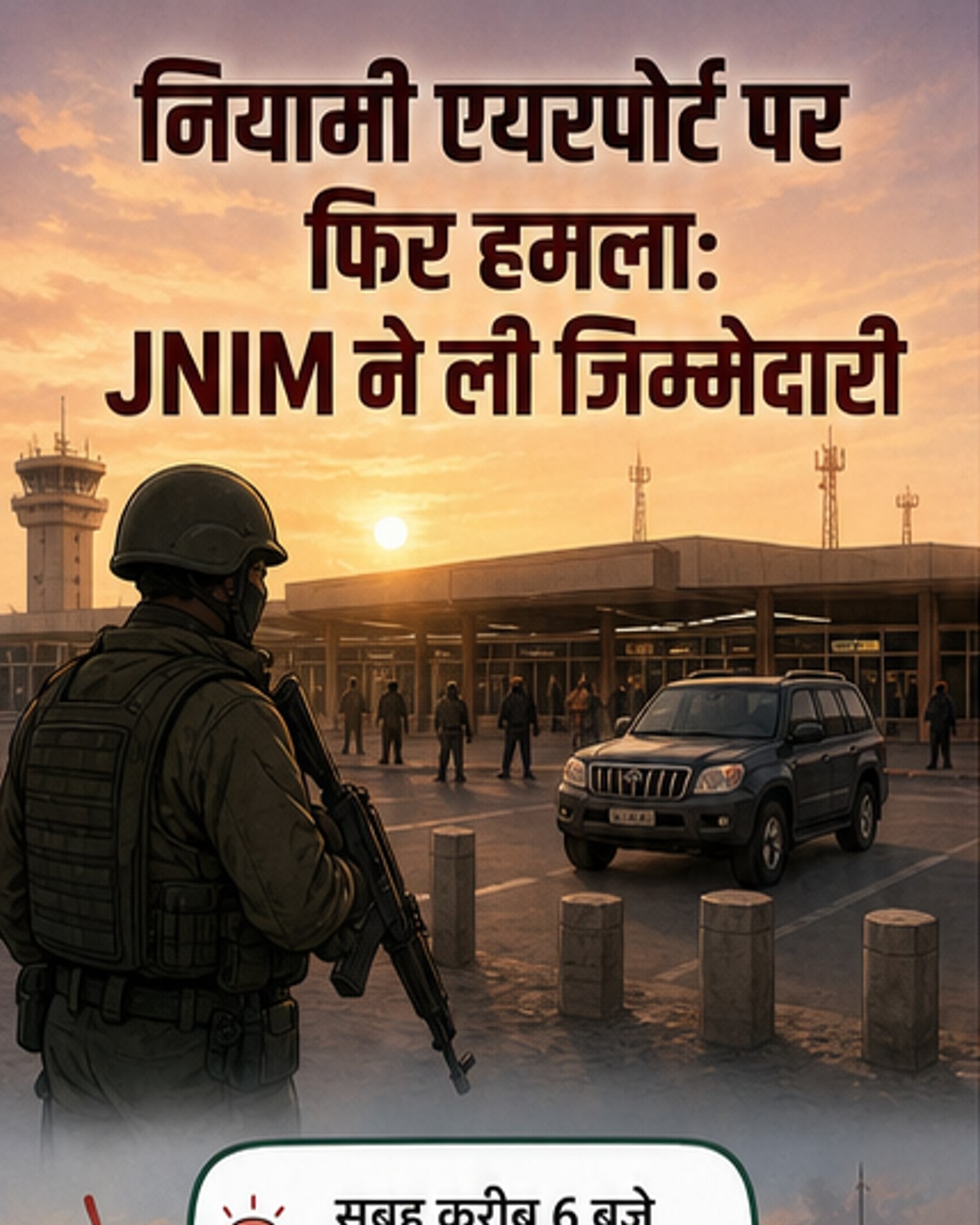 नाइजर के नियामी एयरपोर्ट पर हमले के बाद धुआं उठते हुए, सुरक्षाबल घटनास्थल पर तैनात।