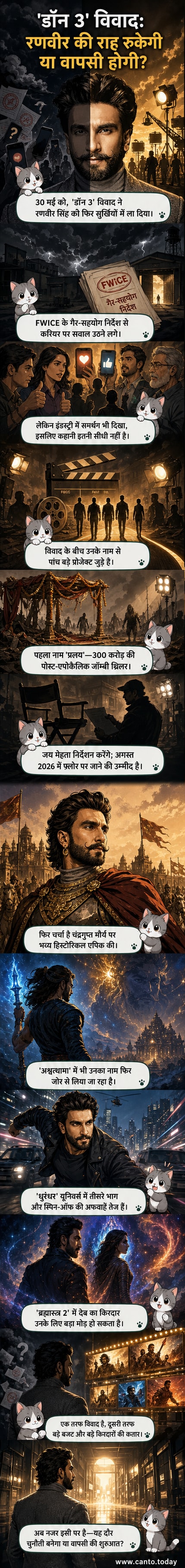 रणवीर सिंह एक फिल्म सेट पर खड़े हैं, पीछे भव्य सेट और फिल्म कैमरा दिख रहा है, उनके चेहरे पर गंभीर भाव है।