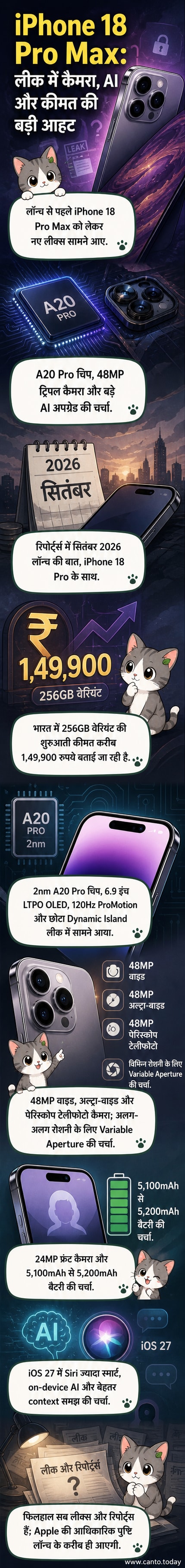 एक आईफोन 18 प्रो मैक्स का कल्पित डिज़ाइन, जिसमें बड़ा डिस्प्ले, छोटा डायनामिक आइलैंड और ट्रिपल कैमरा सेटअप दिखाया गया है।