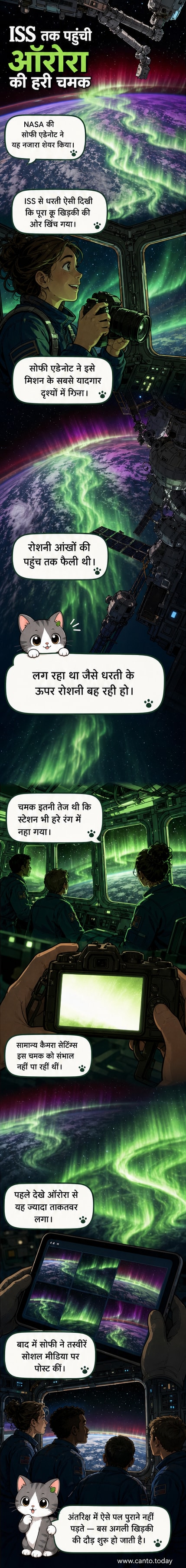 अंतरराष्ट्रीय स्पेस स्टेशन से देखा गया हरे रंग का ऑरोरा, जो धरती के ऊपर लहरों की तरह फैला हुआ है।
