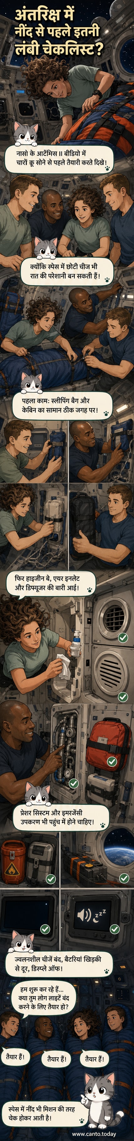 अंतरिक्ष यान के अंदर चार एस्ट्रोनॉट्स तैयारी करते हुए, स्लीपिंग बैग और उपकरणों की जांच करते हुए, पृष्ठभूमि में पृथ्वी का दृश्य।
