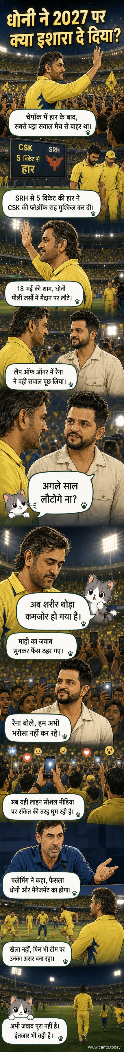 महेंद्र सिंह धोनी पीली जर्सी में चेपॉक स्टेडियम में फैंस को अभिवादन करते हुए, पृष्ठभूमि में सुरेश रैना और अन्य खिलाड़ी दिख रहे हैं।